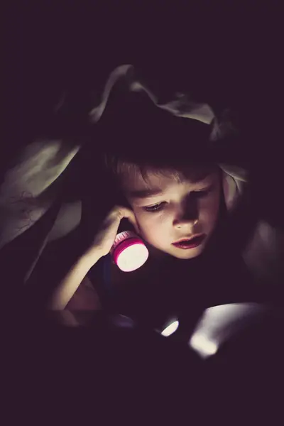 A Child under the covers with a flashlight reading a book.
