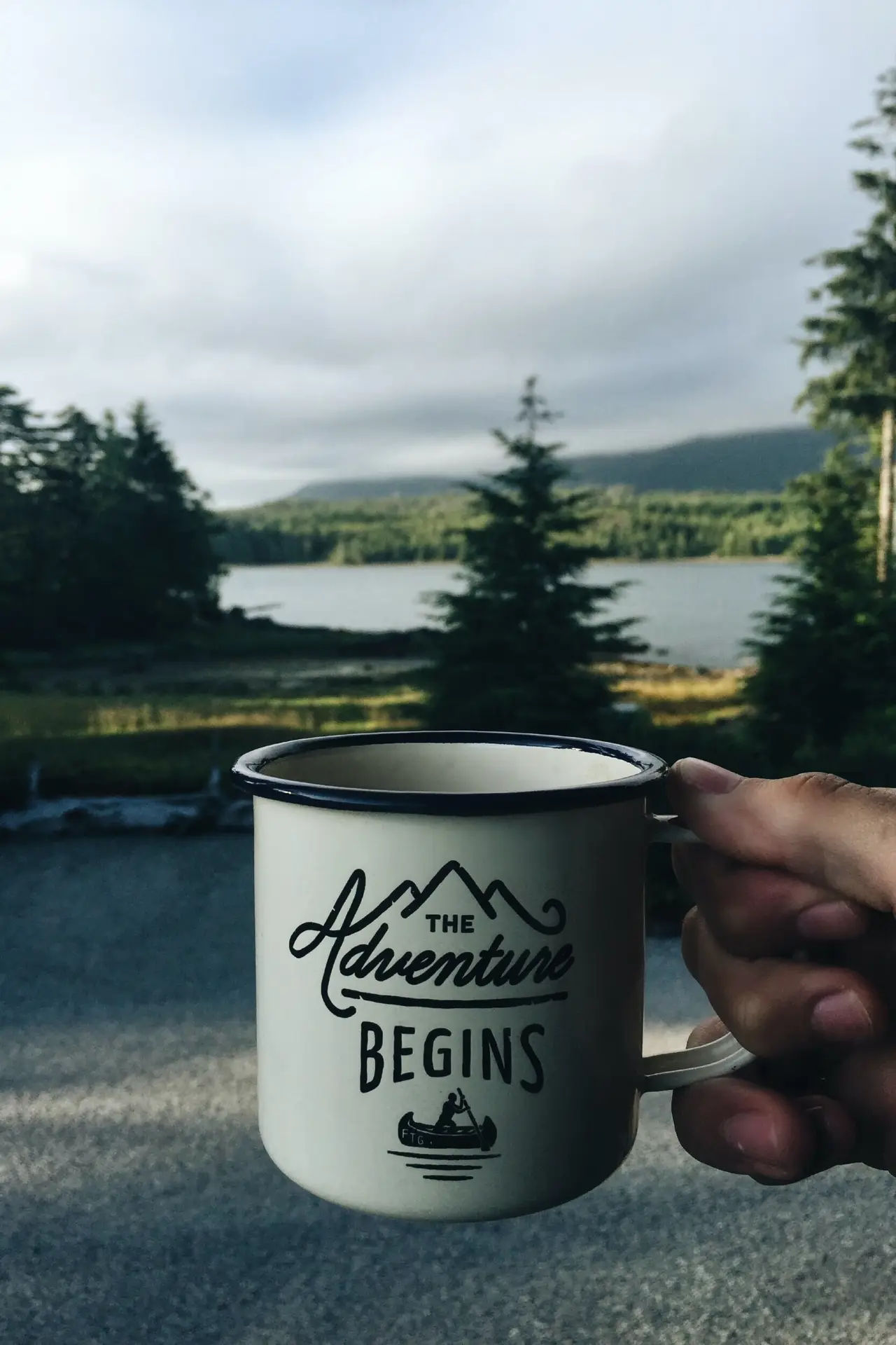 Try Something New. A Cup that says, The Adventure Begins.